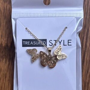 Stainless Steel Gold Tone Small Butterfly Necklace and Earring Set